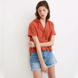 Madewell Womens V-Neck Pocket Shirt in Floral Jacquard Size XL Red Contemporary